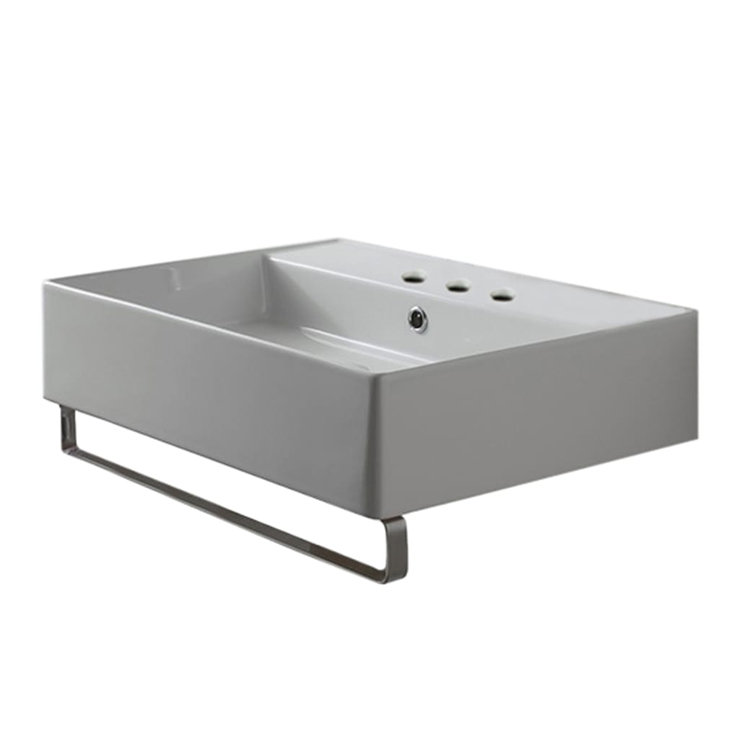 Nameeks 8031/R-60-TB-Three-Hole Scarabeo Rectangular Wall Mounted Ceramic Sink With Polished Chrome Towel Bar - White