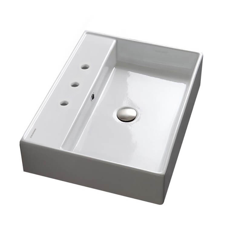 Nameeks 8031/R-60-Three-Hole Scarabeo Rectangular White Ceramic Wall Mounted or Vessel Sink - White