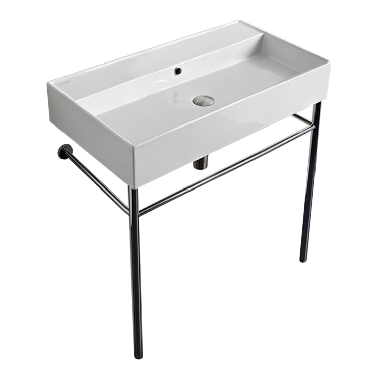 Nameeks 8031/R-80-CON-No-Hole Scarabeo Rectangular Ceramic Cosnole Sink and Polished Chrome Stand - White