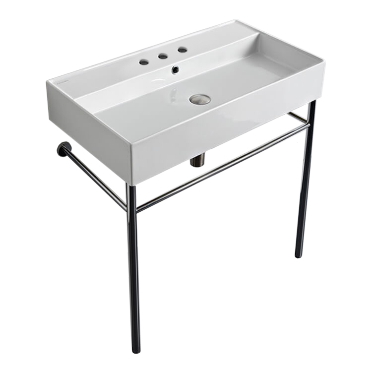 Nameeks 8031/R-80-CON-Three-Hole Scarabeo Rectangular Ceramic Cosnole Sink and Polished Chrome Stand - White