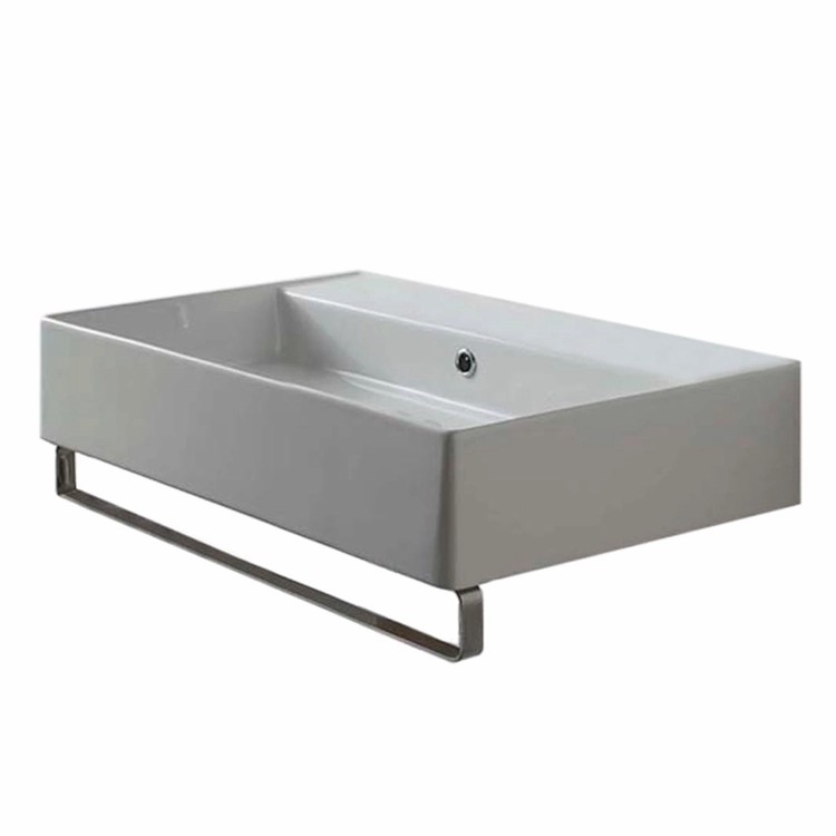 Nameeks 8031/R-80-TB-No-Hole Scarabeo Rectangular Wall Mounted Ceramic Sink With Polished Chrome Towel Bar - White