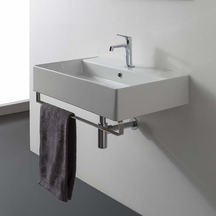 Nameeks 8031/R-80-TB-One-Hole Scarabeo Rectangular Wall Mounted Ceramic Sink With Polished Chrome Towel Bar - White