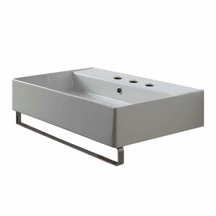 Nameeks 8031/R-80-TB-Three-Hole Scarabeo Rectangular Wall Mounted Ceramic Sink With Polished Chrome Towel Bar - White