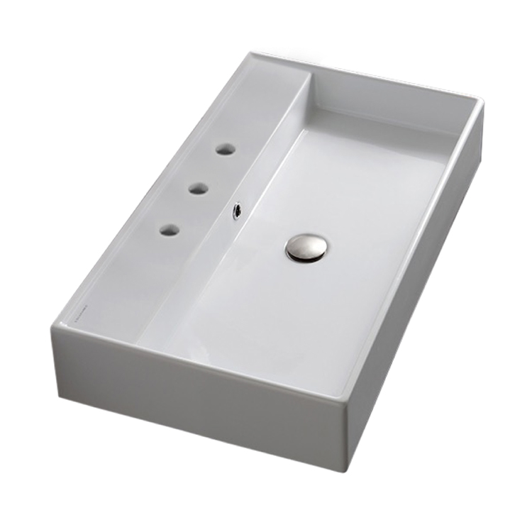 Nameeks 8031/R-80-Three-Hole Scarabeo Rectangular White Ceramic Wall Mounted or Vessel Sink - White