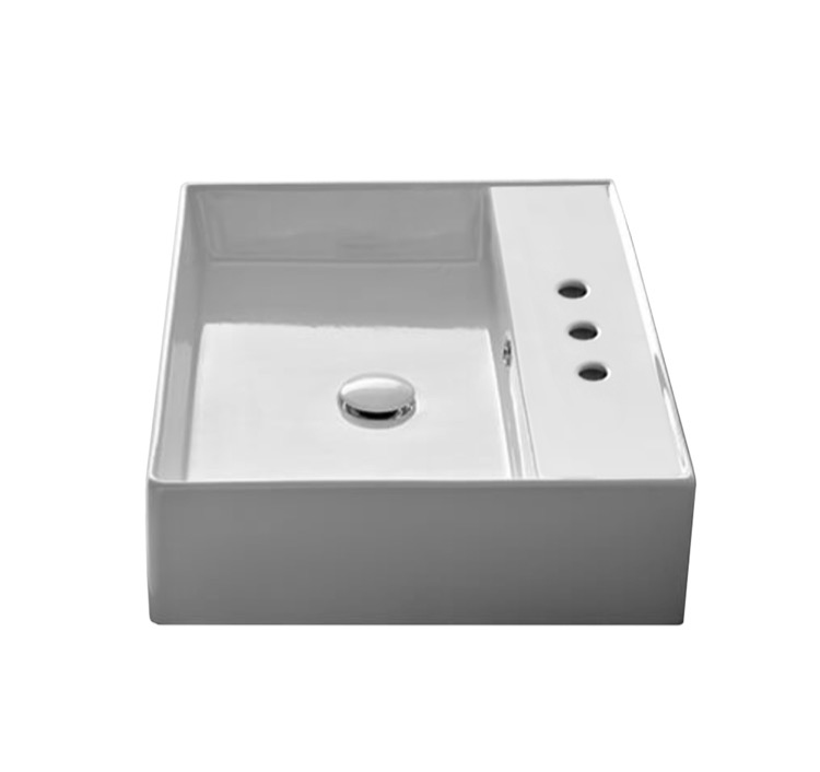 Nameeks 8031/R-Three-Hole Scarabeo Square White Ceramic Wall Mounted or Vessel Sink - White