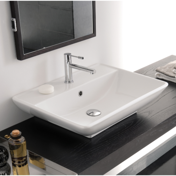 Nameeks 8046/R-One-Hole Scarabeo Rectangular White Ceramic Wall Mounted or Vessel Sink - White