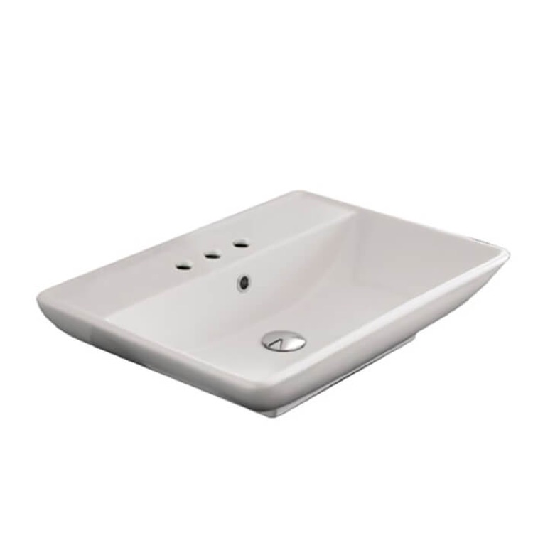 Nameeks 8046/R-Three-Hole Scarabeo Rectangular White Ceramic Wall Mounted or Vessel Sink - White