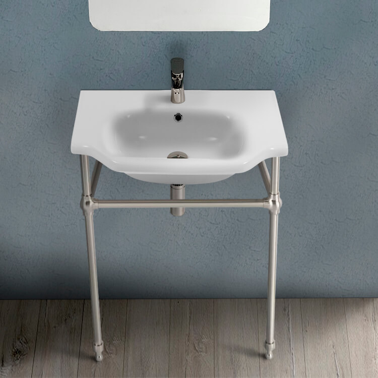 Nameeks 081000-CON-SN-One-Hole CeraStyle Traditional Ceramic Console Sink With Satin Nickel Stand - White