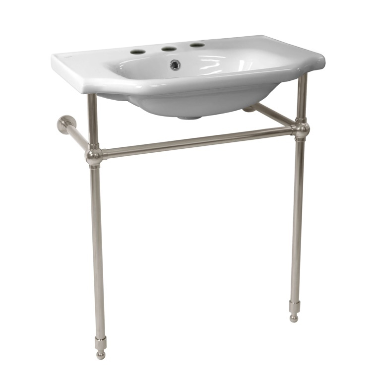 Nameeks 081000-CON-SN-Three-Hole CeraStyle Traditional Ceramic Console Sink With Satin Nickel Stand - White