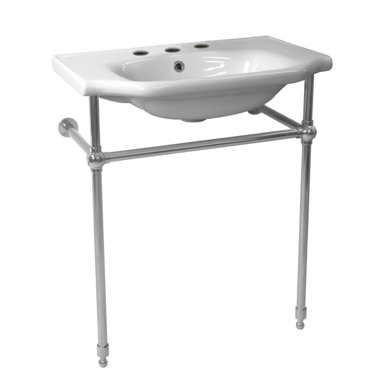 Nameeks 081000-CON-Three-Hole CeraStyle Traditional Ceramic Console Sink With Chrome Stand - White