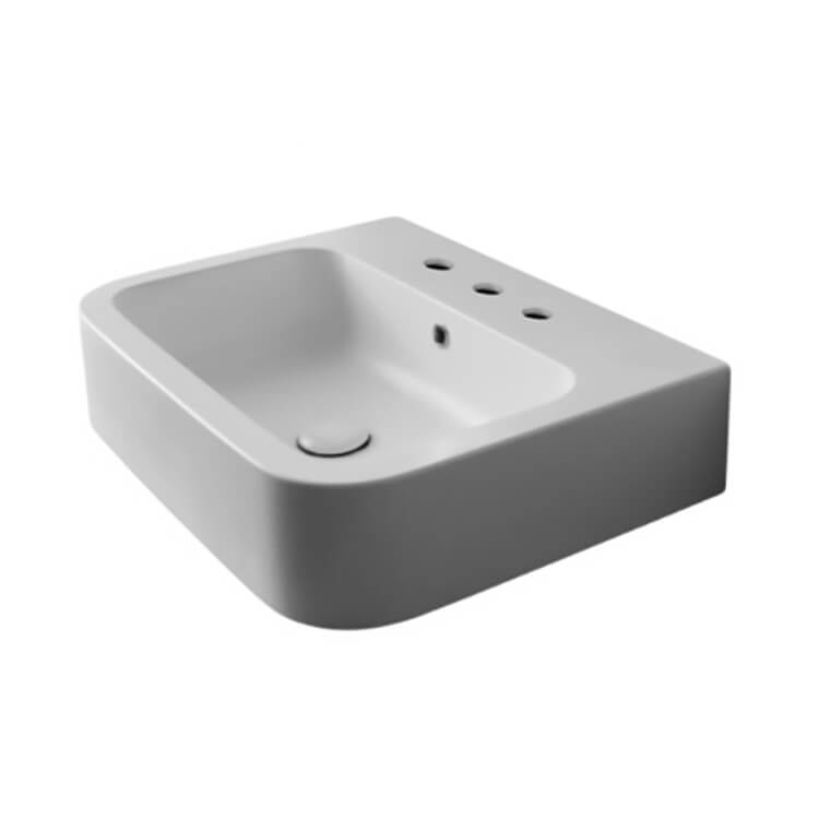 Nameeks 8308-Three-Hole Scarabeo White Ceramic Vessel or Wall Mounted Bathroom Sink - White