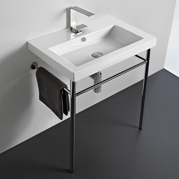 Nameeks CAN01011-CON-One-Hole Tecla Rectangular Ceramic Console Sink and Polished Chrome Stand - White