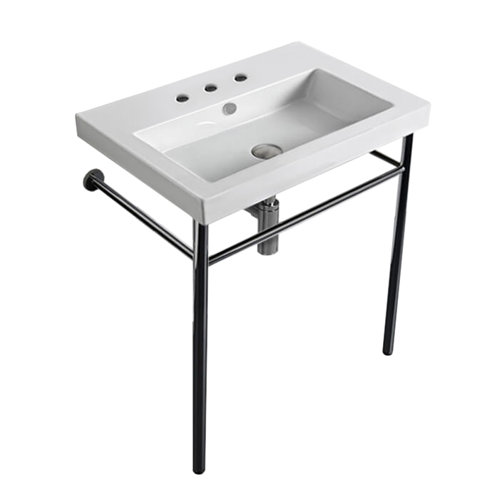 Nameeks CAN01011-CON-Three-Hole Tecla Rectangular Ceramic Console Sink and Polished Chrome Stand - White