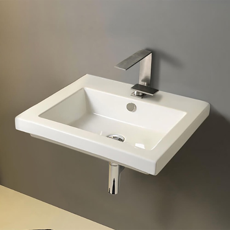 Nameeks CAN01011-One-Hole Tecla Rectangular White Ceramic Self Rimming or Wall Mounted Sink - White