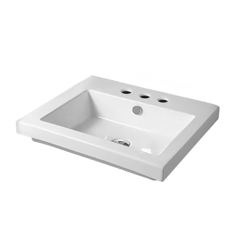 Nameeks CAN01011-Three-Hole Tecla Rectangular White Ceramic Self Rimming or Wall Mounted Sink - White