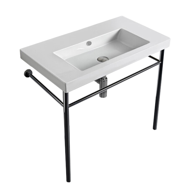 Nameeks CAN02011-CON-No-Hole Tecla Rectangular Ceramic Console Sink and Polished Chrome Stand - White