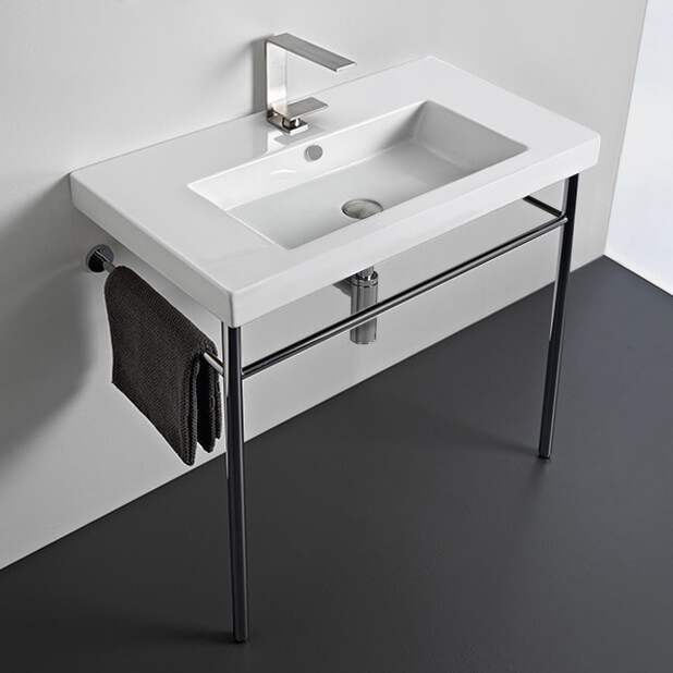 Nameeks CAN02011-CON-One-Hole Tecla Rectangular Ceramic Console Sink and Polished Chrome Stand - White