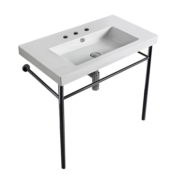 Nameeks CAN02011-CON-Three-Hole Tecla Rectangular Ceramic Console Sink and Polished Chrome Stand - White