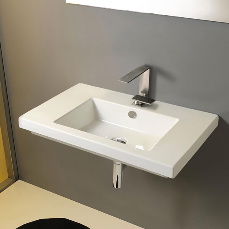 Nameeks CAN02011-One-Hole Tecla Rectangular White Ceramic Wall Mounted or Built-In Sink - White
