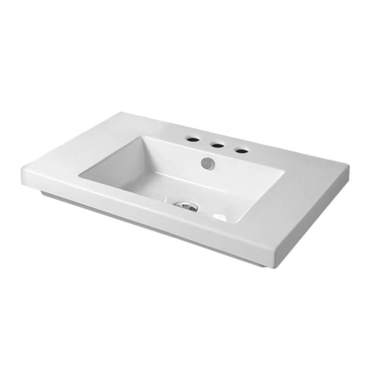 Nameeks CAN02011-Three-Hole Tecla Rectangular White Ceramic Wall Mounted or Built-In Sink - White