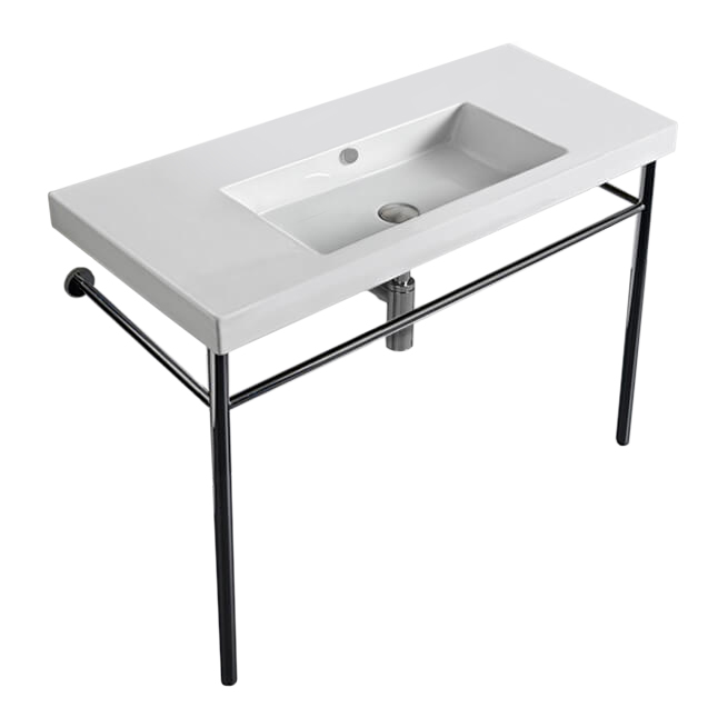 Nameeks CAN03011-CON-No-Hole Tecla Rectangular Ceramic Console Sink and Polished Chrome Stand - White