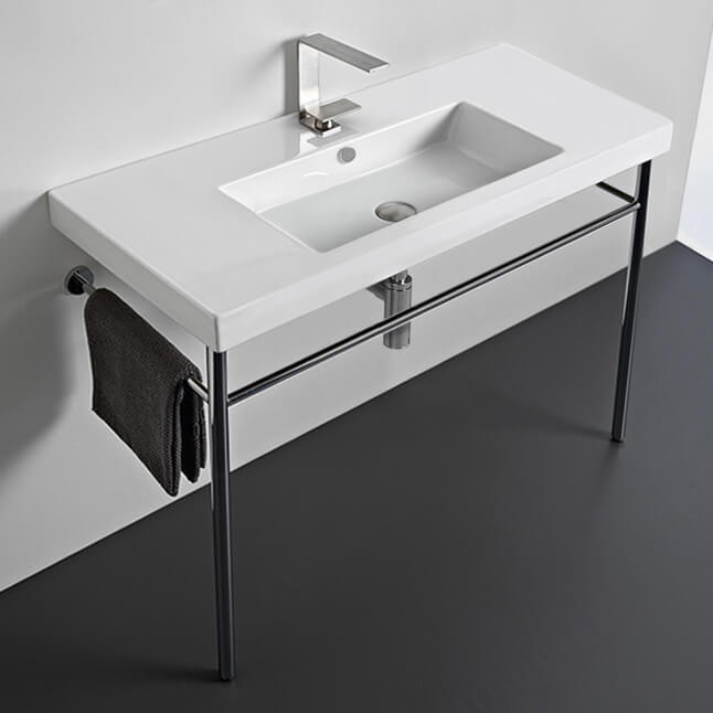 Nameeks CAN03011-CON-One-Hole Tecla Rectangular Ceramic Console Sink and Polished Chrome Stand - White