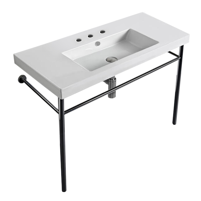 Nameeks CAN03011-CON-Three-Hole Tecla Rectangular Ceramic Console Sink and Polished Chrome Stand - White