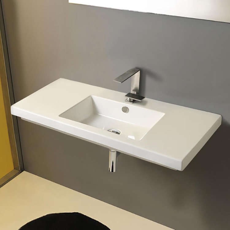 Nameeks CAN03011-One-Hole Tecla Rectangular White Ceramic Wall Mounted or Built-In Sink - White