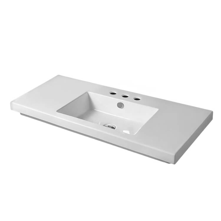 Nameeks CAN03011-Three-Hole Tecla Rectangular White Ceramic Wall Mounted or Built-In Sink - White