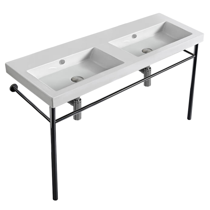 Nameeks CAN04011-CON-No-Hole Tecla Double Basin Ceramic Console Sink and Polished Chrome Stand - White