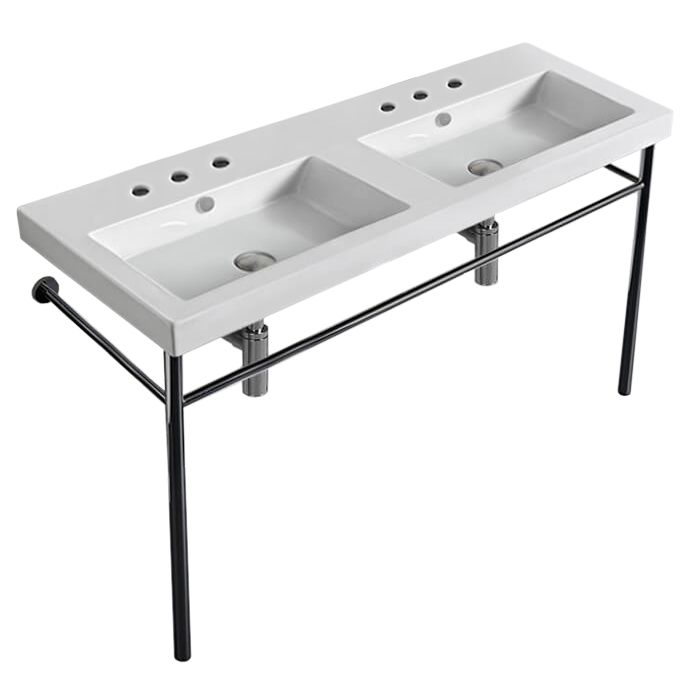 Nameeks CAN04011-CON-Six-Hole Tecla Double Basin Ceramic Console Sink and Polished Chrome Stand - White