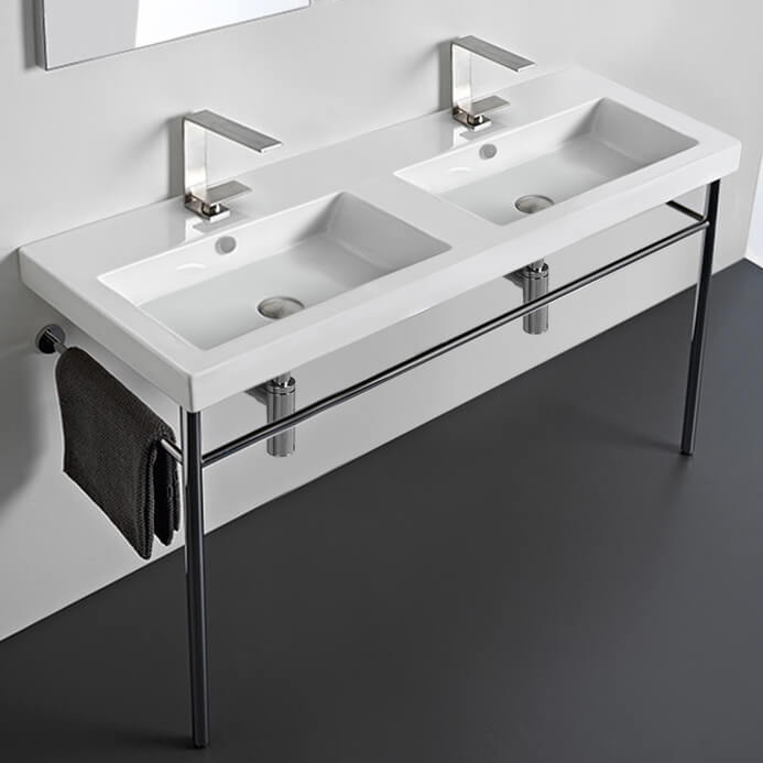 Nameeks CAN04011-CON-Two-Hole Tecla Double Basin Ceramic Console Sink and Polished Chrome Stand - White
