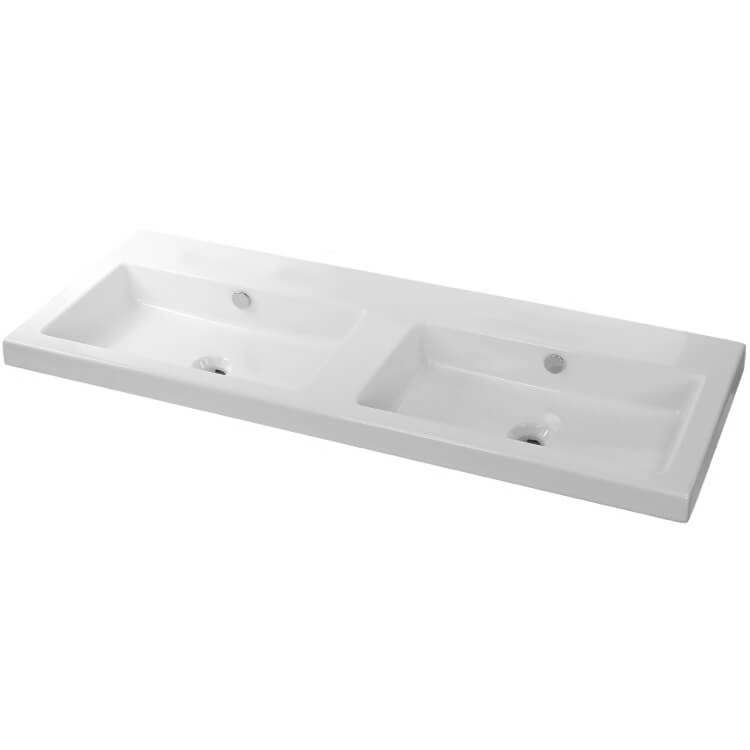 Nameeks CAN04011-No-Hole Tecla Rectangular White Double Ceramic Wall Mounted or Built-In Sink - White