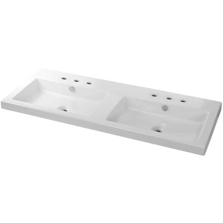 Nameeks CAN04011-Six-Hole Tecla Rectangular White Double Ceramic Wall Mounted or Built-In Sink - White