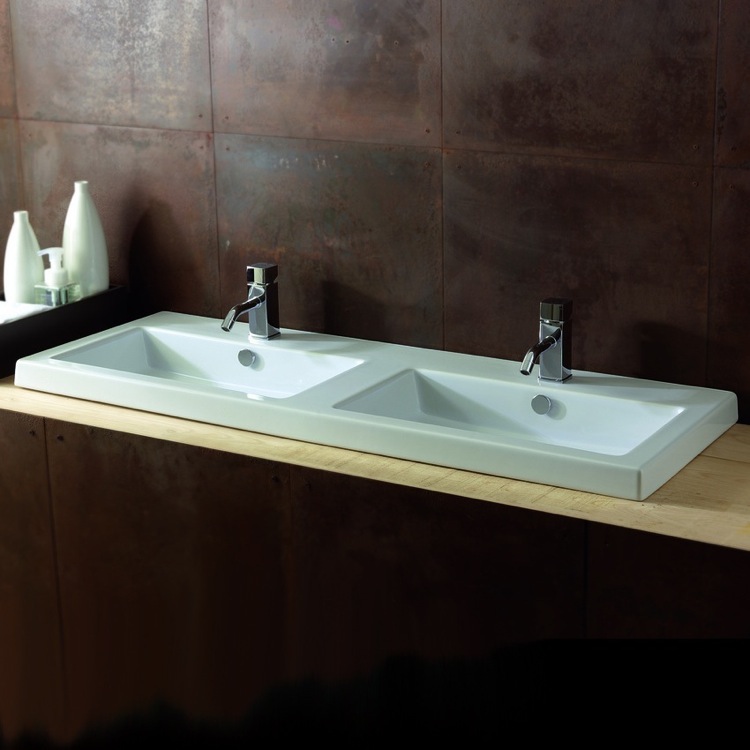 Nameeks CAN04011-Two-Hole Tecla Rectangular White Double Ceramic Wall Mounted or Built-In Sink - White