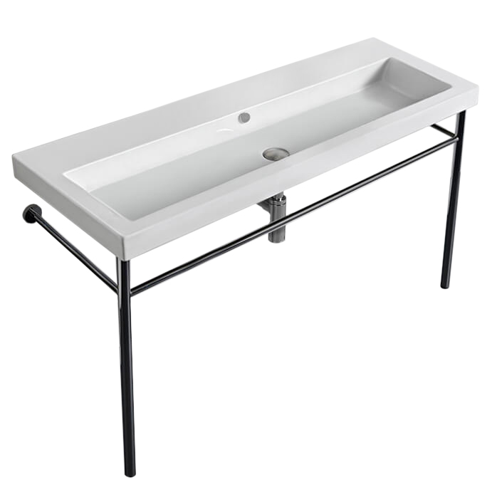 Nameeks CAN05011A-CON-No-Hole Tecla Large Rectangular Ceramic Console Sink and Polished Chrome Stand - White