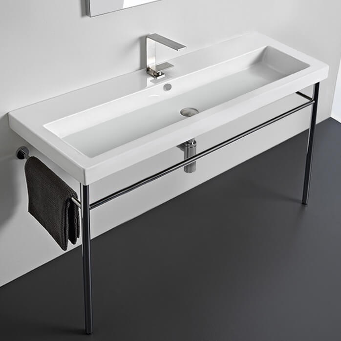 Nameeks CAN05011A-CON-One-Hole Tecla Large Rectangular Ceramic Console Sink and Polished Chrome Stand - White