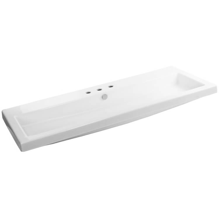 Nameeks CAN05011A-Three-Hole Tecla Rectangular White Ceramic Wall Mounted or Built-In Sink - White