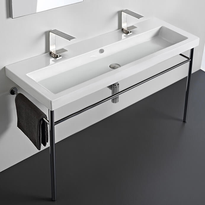 Nameeks CAN05011B-CON-Two-Hole Tecla Large Double Ceramic Console Sink and Polished Chrome Stand - White