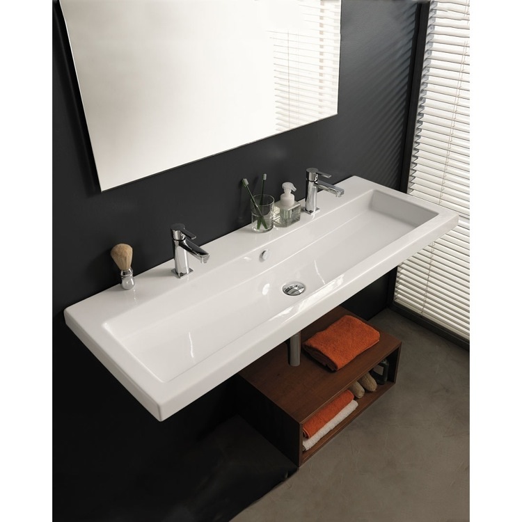 Nameeks CAN05011B-Two-Hole Tecla Rectangular White Ceramic Wall Mounted or Built-In Sink - White