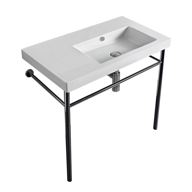Nameeks CO01011-CON-No-Hole Tecla Rectangular Ceramic Console Sink and Polished Chrome Stand - White