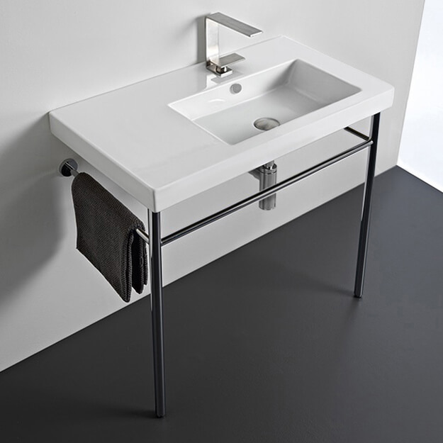 Nameeks CO01011-CON-One-Hole Tecla Rectangular Ceramic Console Sink and Polished Chrome Stand - White