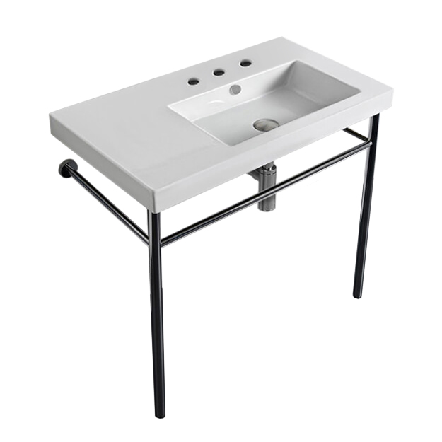 Nameeks CO01011-CON-Three-Hole Tecla Rectangular Ceramic Console Sink and Polished Chrome Stand - White