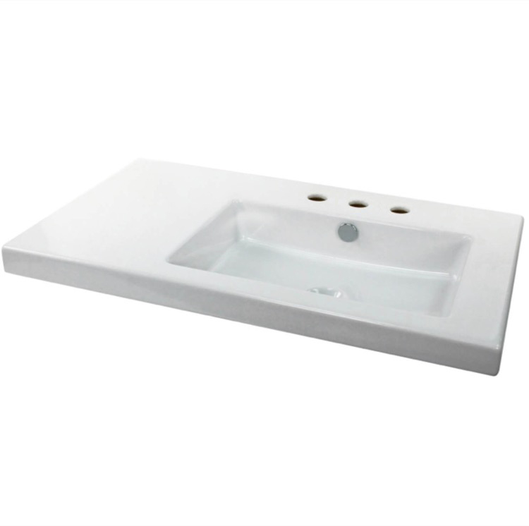 Nameeks CO01011-Three-Hole Tecla Rectangular White Ceramic Wall Mounted or Built-In Sink - White
