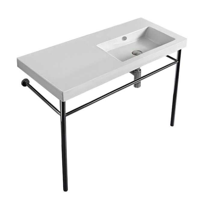 Nameeks CO02011-CON-No-Hole Tecla Rectangular Ceramic Console Sink and Polished Chrome Stand - White