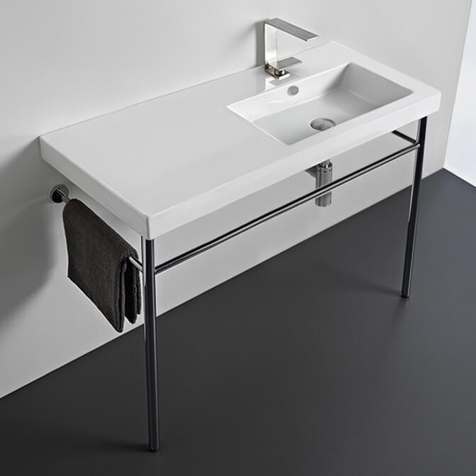 Nameeks CO02011-CON-One-Hole Tecla Rectangular Ceramic Console Sink and Polished Chrome Stand - White