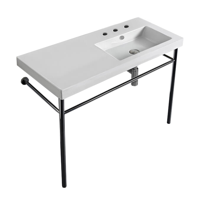 Nameeks CO02011-CON-Three-Hole Tecla Rectangular Ceramic Console Sink and Polished Chrome Stand - White