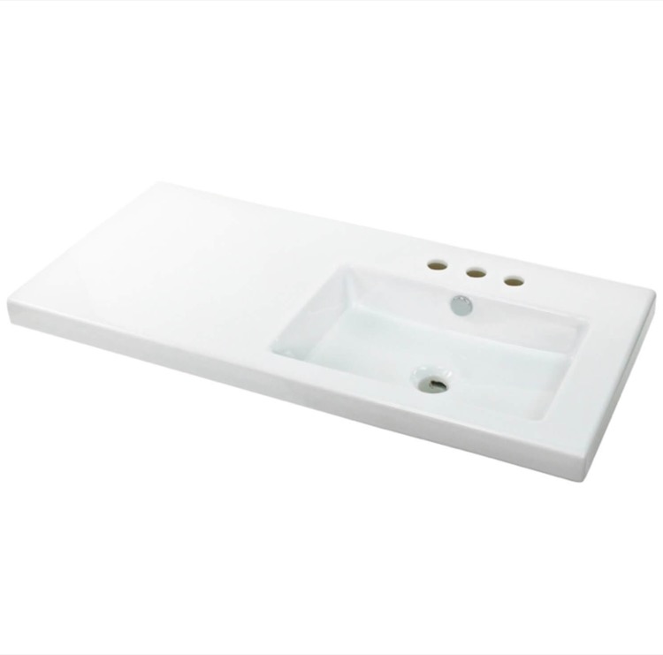Nameeks CO02011-Three-Hole Tecla Rectangular White Ceramic Wall Mounted or Built-In Sink - White