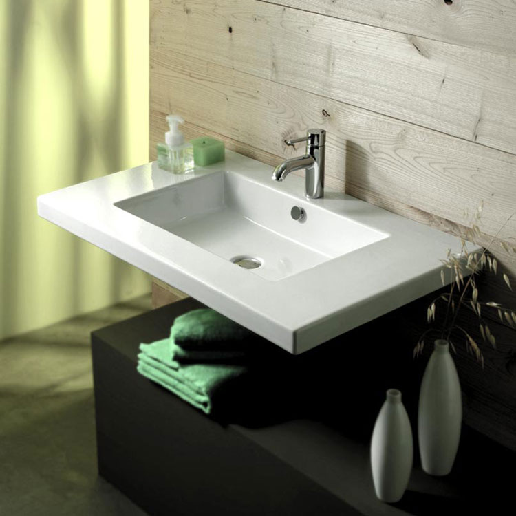 Nameeks MAR02011-One-Hole Tecla Rectangular White Ceramic Wall Mounted or Built-In Sink - White