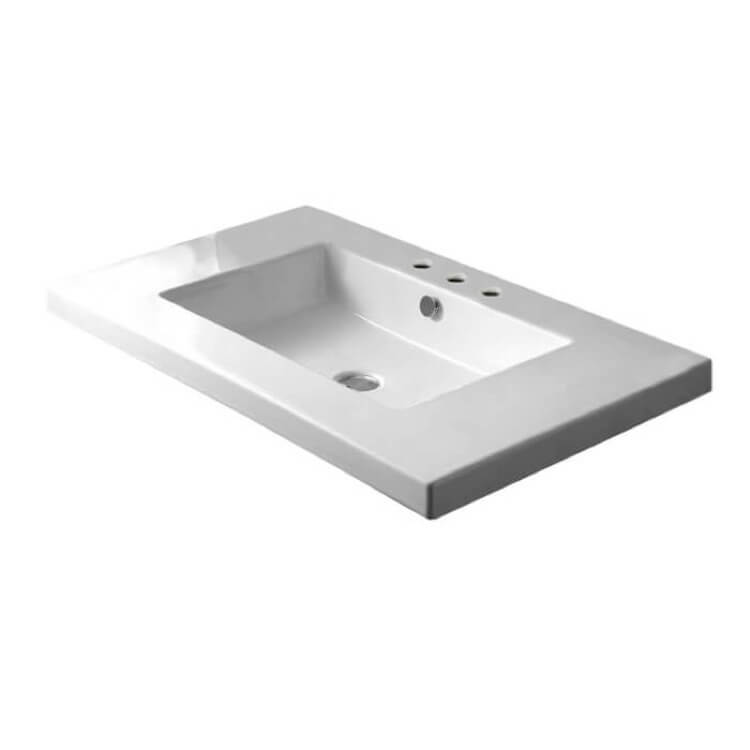 Nameeks MAR02011-Three-Hole Tecla Rectangular White Ceramic Wall Mounted or Built-In Sink - White